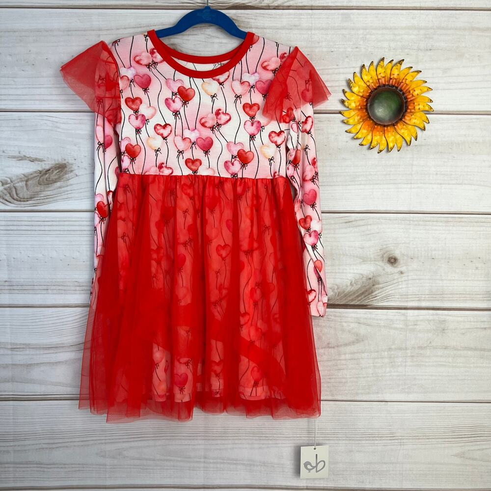 Birdie‎ Bean Girls Amara Red Tulle Heart Print Long Sleeve Dress Size 8
